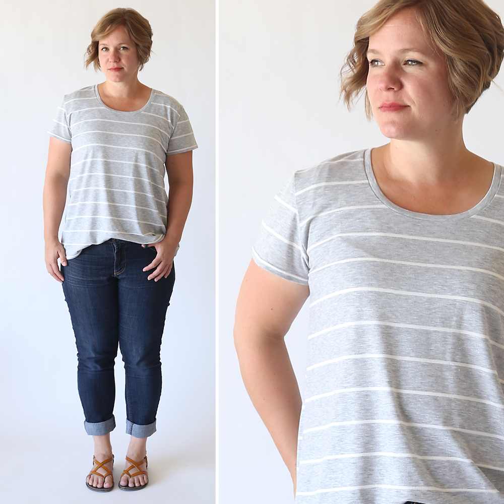A woman wearing a relaxed fit t-shirt made from a free pdf sewing pattern