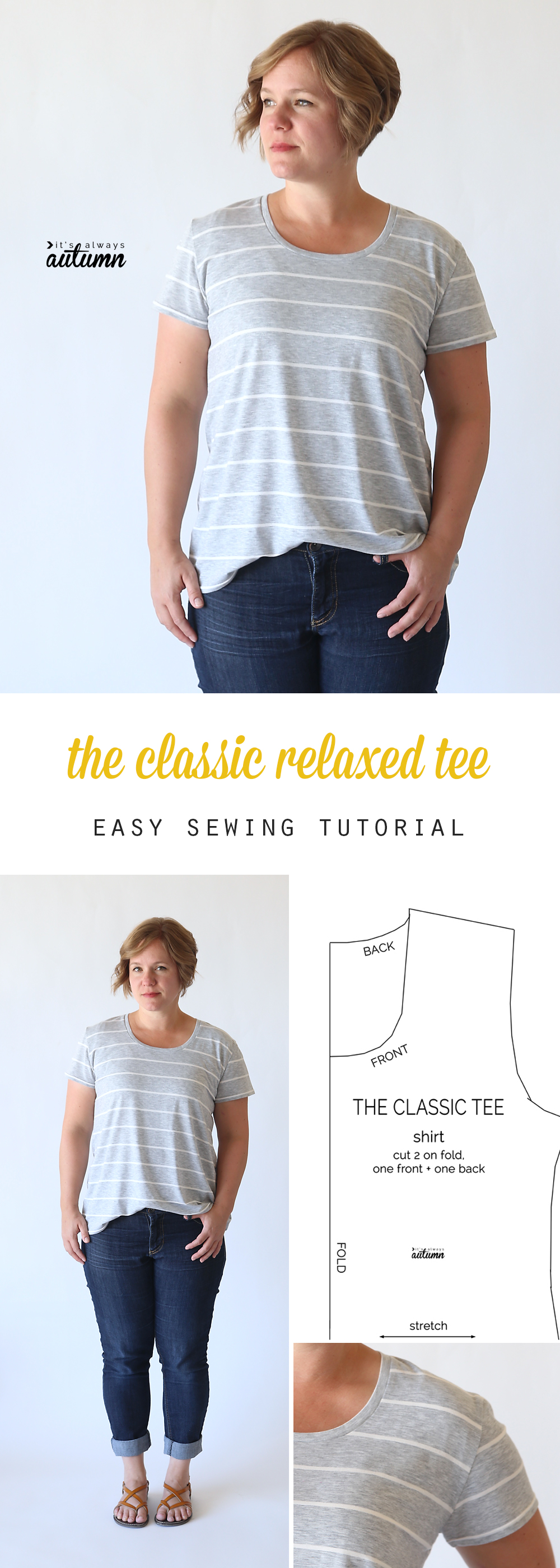 A woman wearing the classic tee in a relaxed fit; classic tee sewing pattern