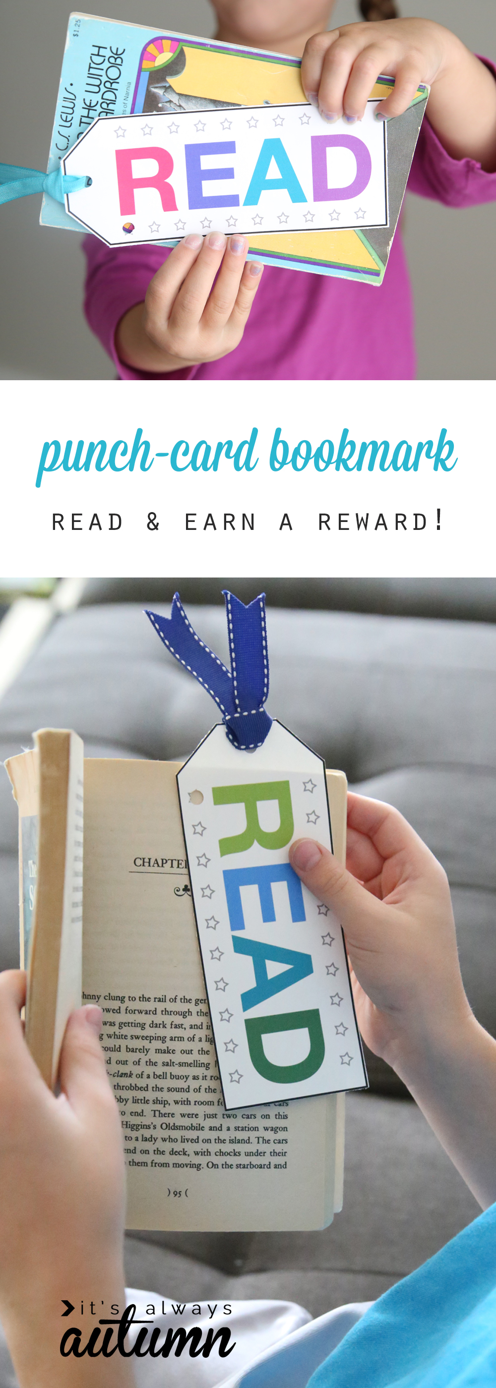 Kids holding books with punch card bookmarks
