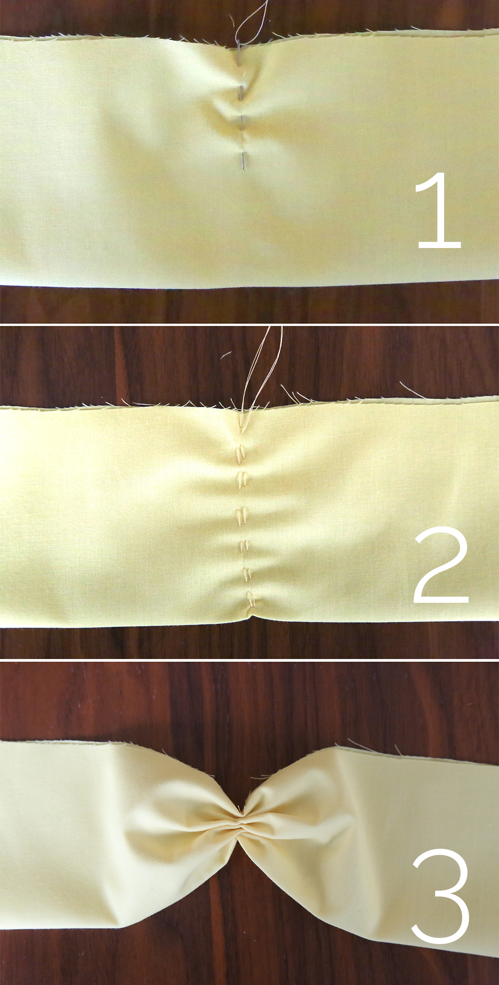 Light yellow fabric folded in half; thread sewn through the middle; thread gathered