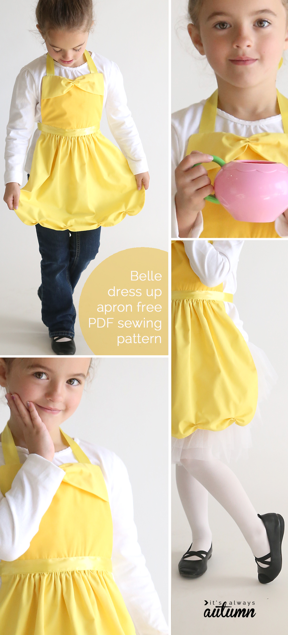 A little girl wearing a Belle dress up costume made from a free pdf sewing pattern