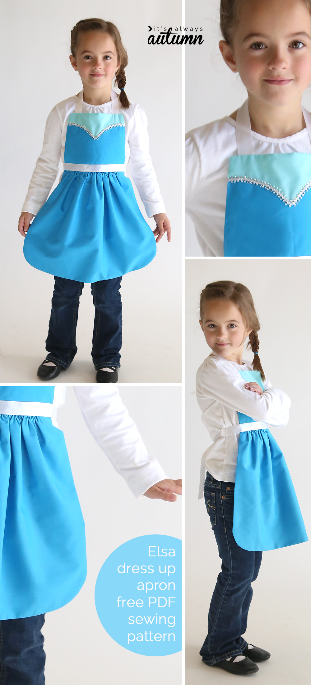 A young girl wearing a Elsa princess dress up apron made from a free pdf sewing pattern