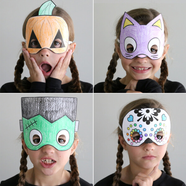 Print + color Halloween masks are an easy and expensive Halloween craft for kids. These are a great activity for a class Halloween party!