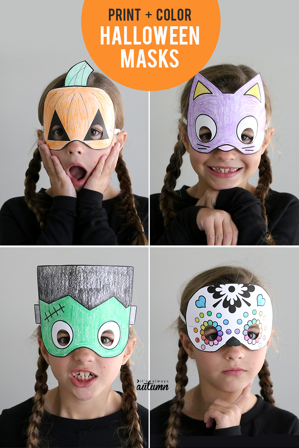 Girl wearing various Halloween masks made from paper