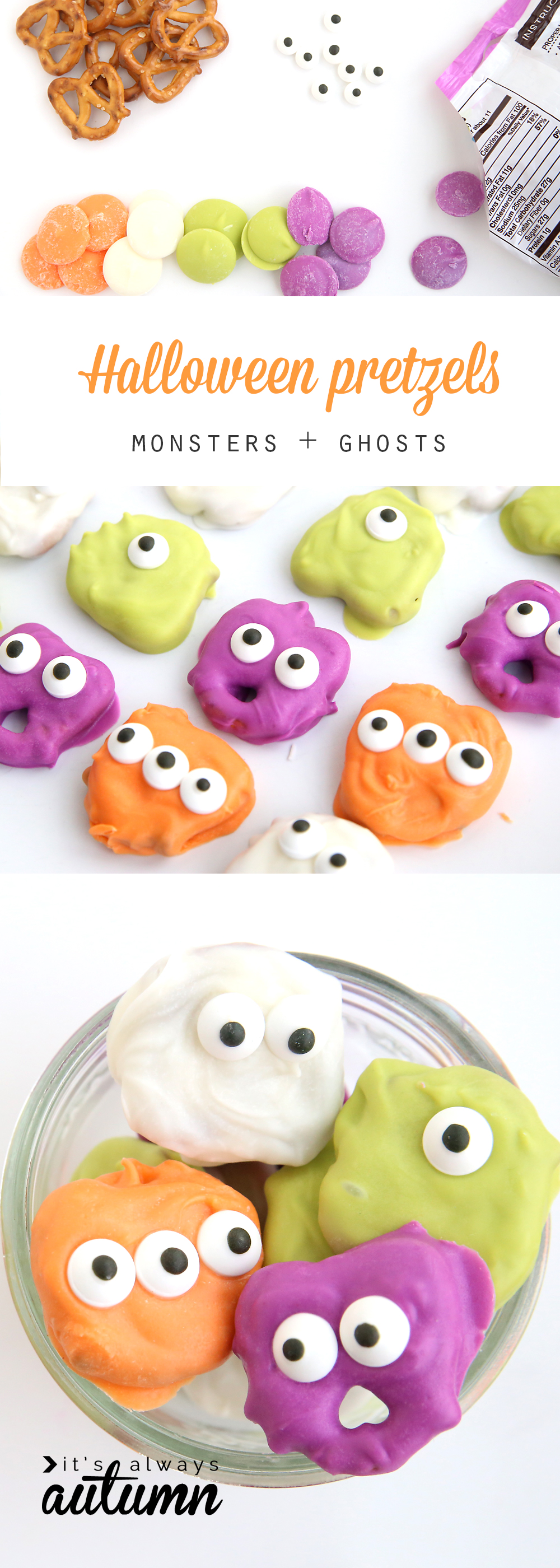 Pretzels dipped in candy and decorated to look like monsters and ghosts for Halloween