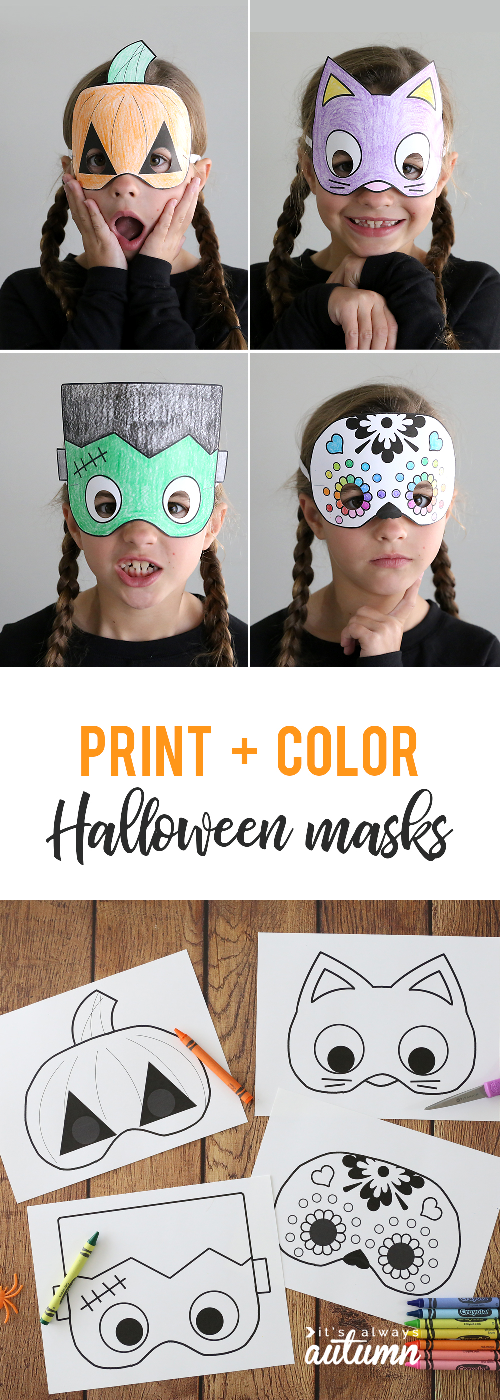 Girl wearing print and color Halloween masks