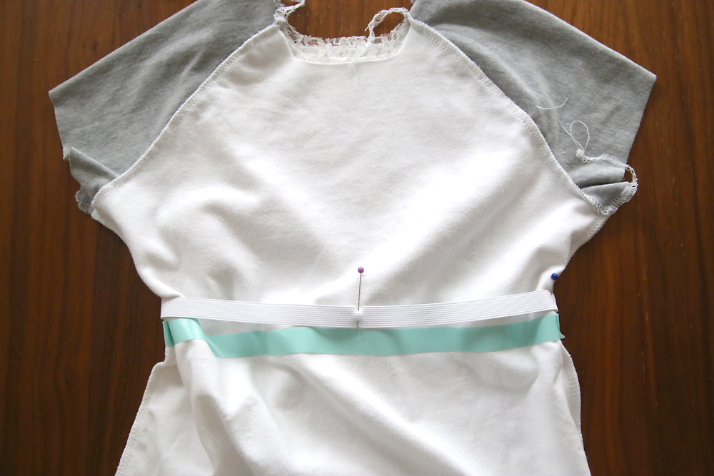 Inside out raglan play dress with waistline marked with tape and elastic pinned in