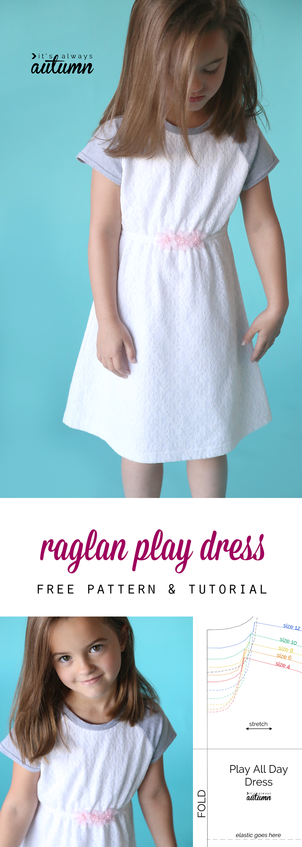 A girl wearing a white and grey play dress with raglan sleeves and elastic waist