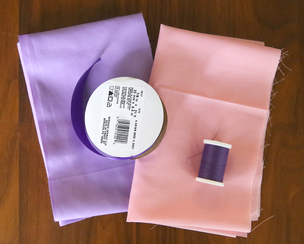 purple fabric, pink fabric, purple ribbon, purple thread