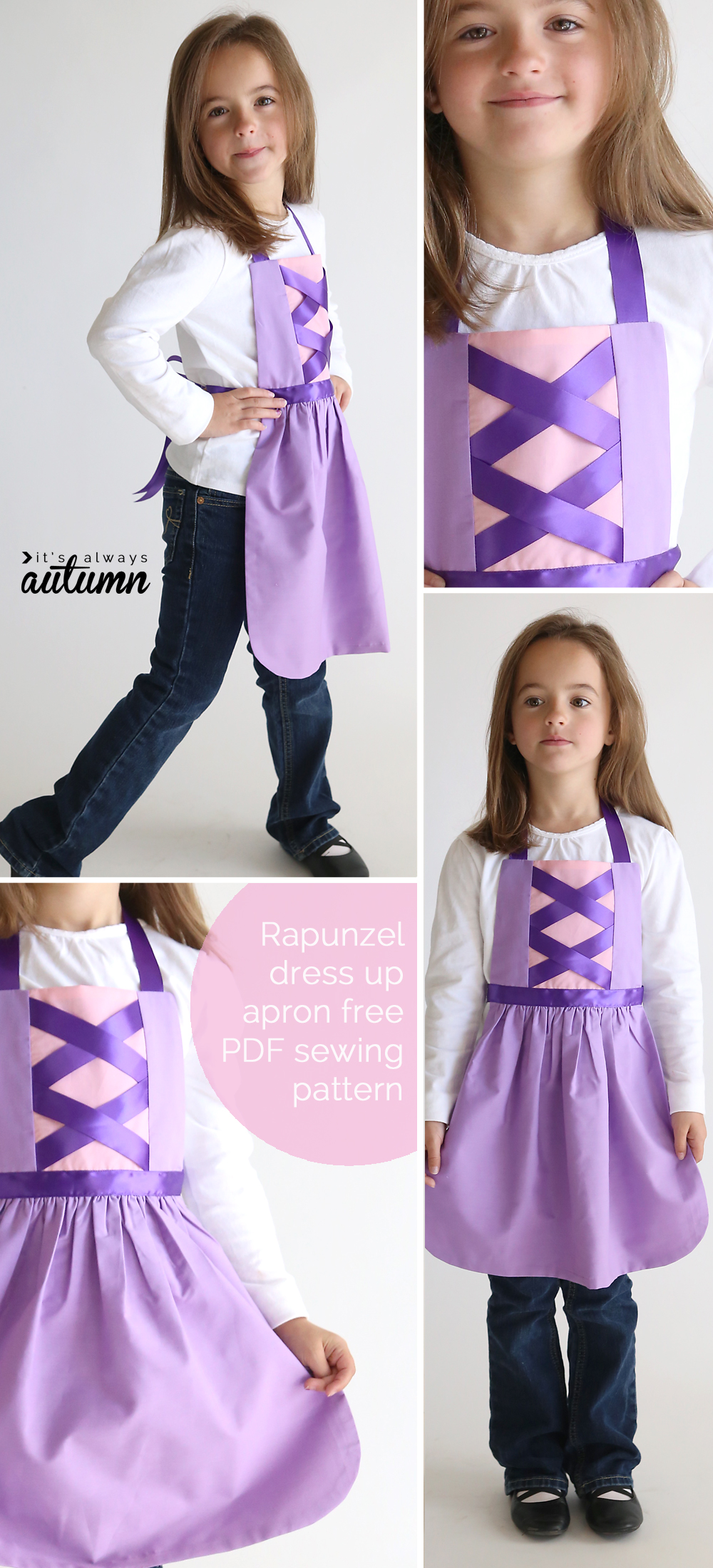 A girl wearing a pink and purple Rapunzel princess dress up apron made from a free pdf sewing pattern