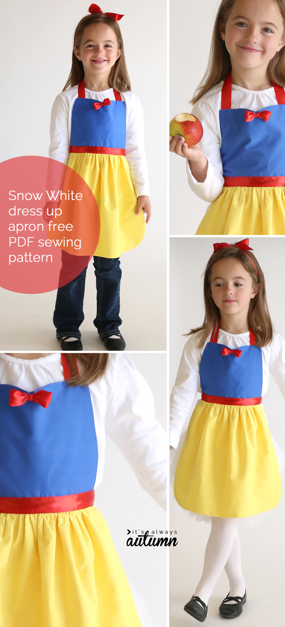 A girl wearing a Snow White dress up apron; free PDF sewing pattern
