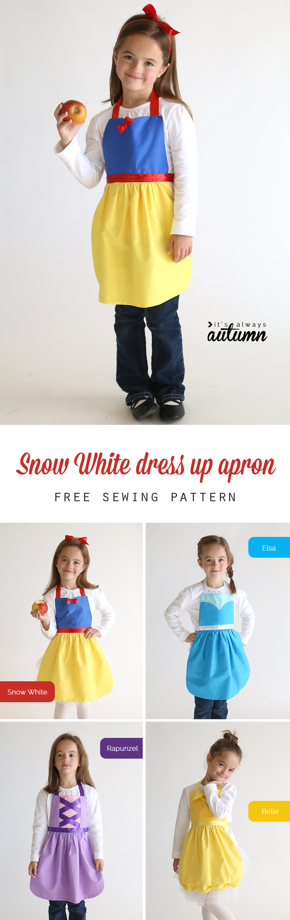 Collage: a little girl wearing different DIY princess dress up aprons: Snow White, Elsa, Rapunzel, Belle