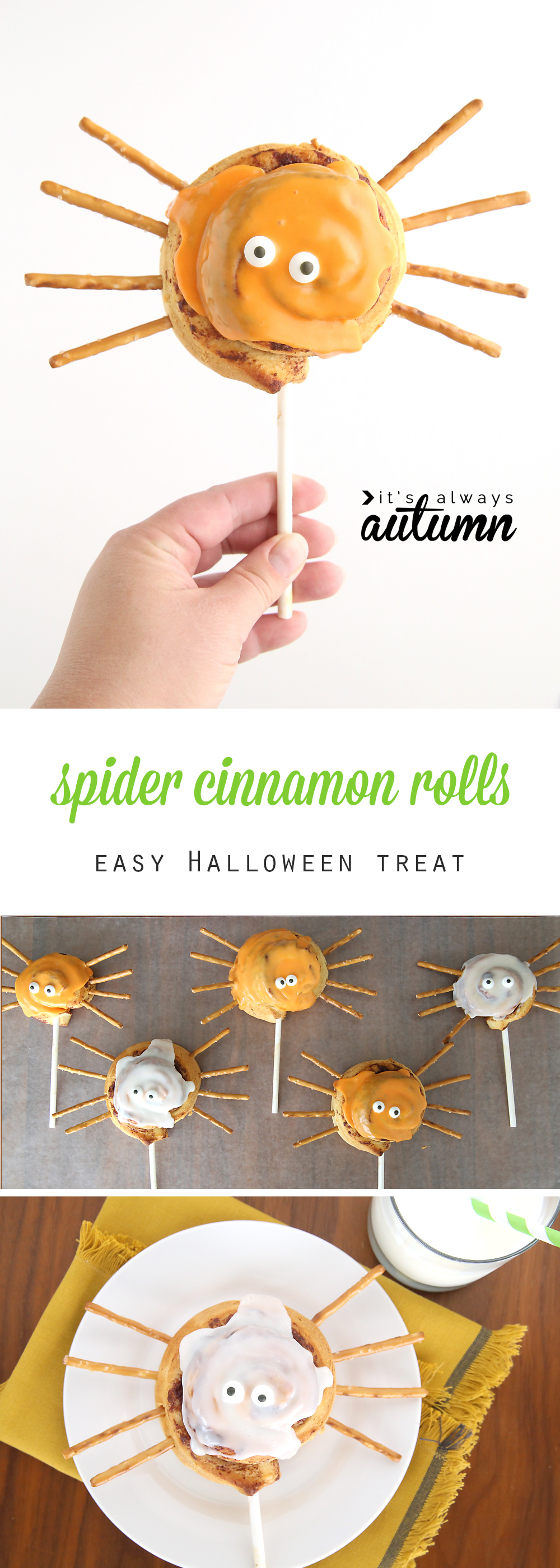 What a fun idea for a Halloween treat! Easy spider cinnamon roll pops. Cute Halloween breakfast idea to make with the kids.