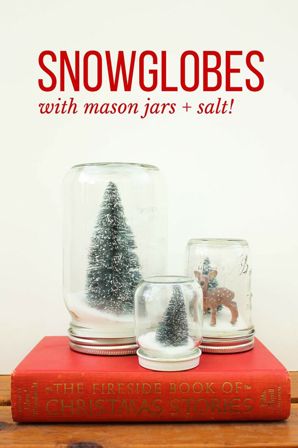 Snowglobes made from mason jars with Christmas trees inside