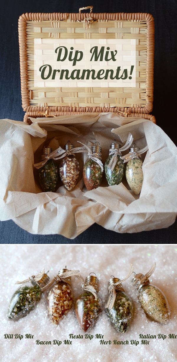 Basket with Christmas ornaments filled with homemade dip mixes