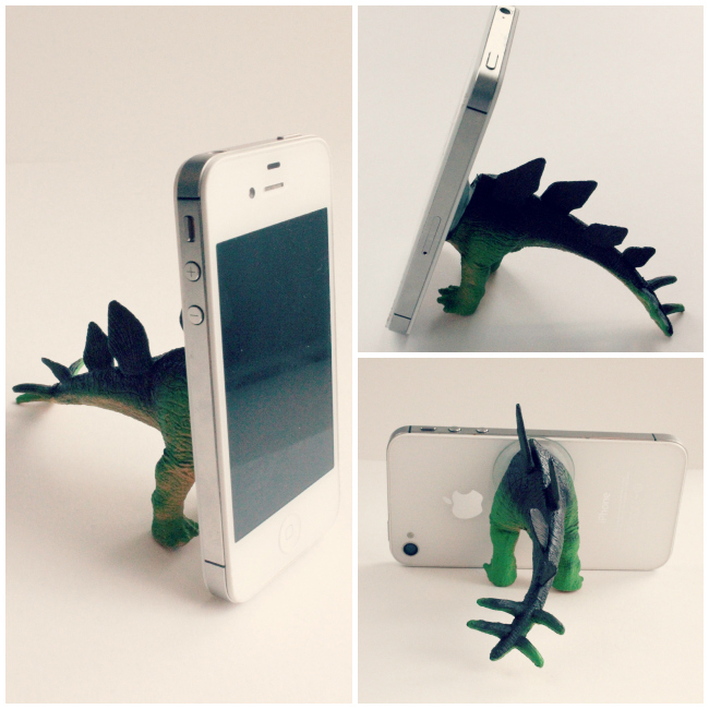 Cute homemade gift idea: toy dinosaur made into a phone stand