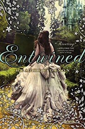 Entwined book cover, with girl in beautiful dress walking through a garden