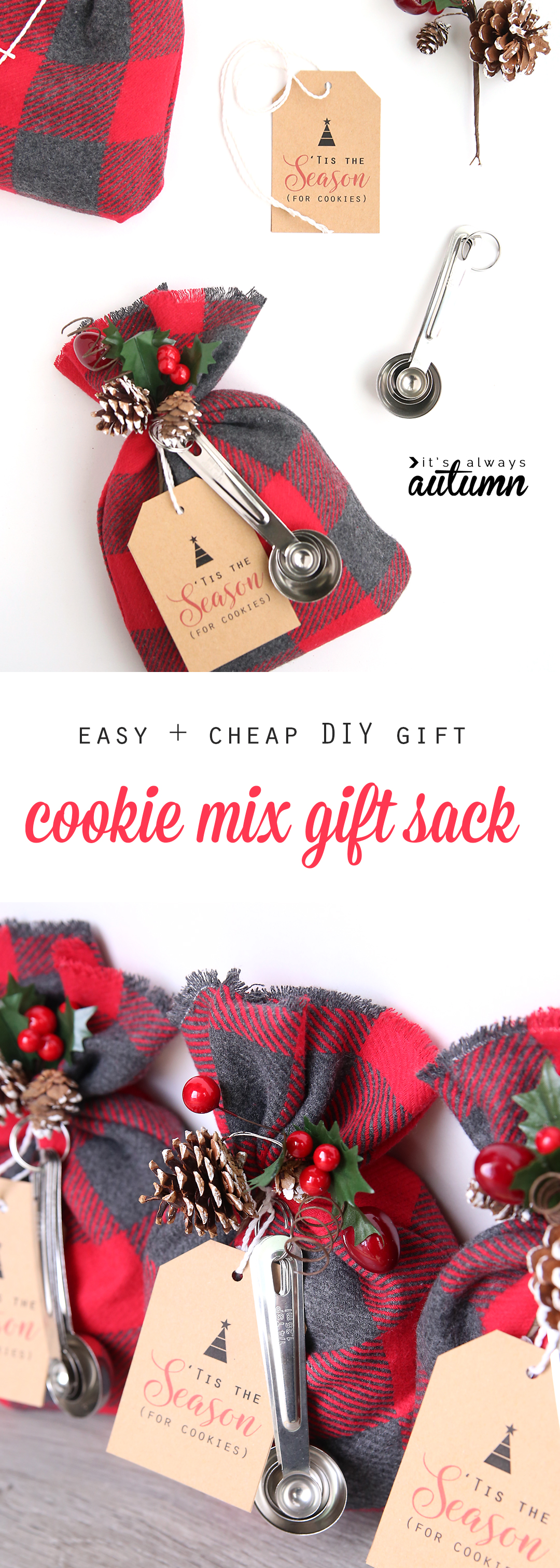 Red fabric sack with cookie mix inside and tag that says \'tis the season, and measuring spoons and Christmas pick tied on