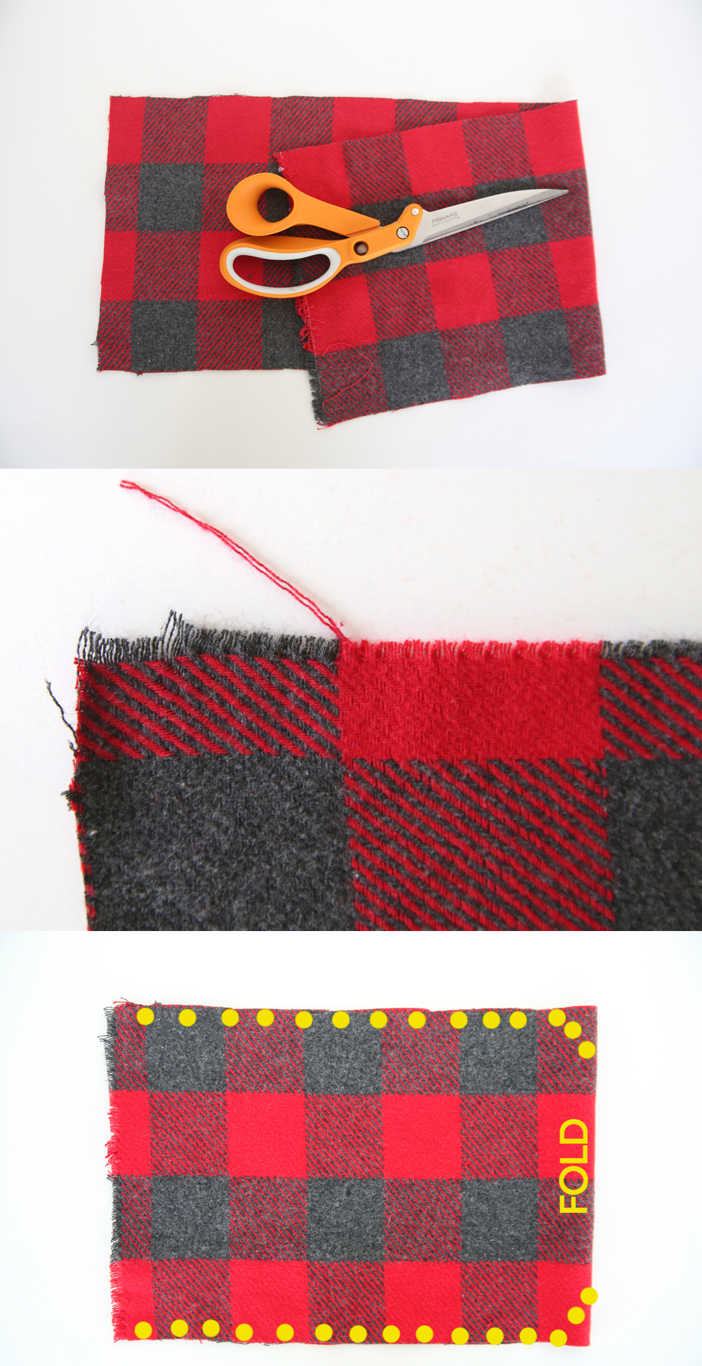Plaid flannel fabric strip folded in half, with seams marked to create a sack