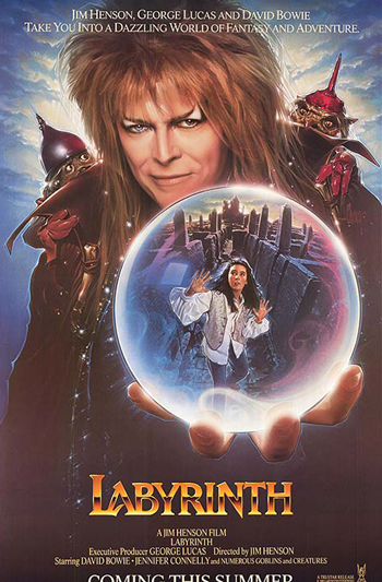 Movie cover for Labyrinth: a man holding a crystal ball with a girl inside it
