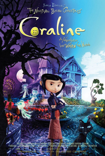 Movie cover for Coraline: girl standing in front of a house with ghosts floating behind her