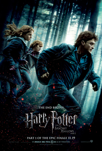 Movie Cover for Harry Potter: three teenagers running through a forest