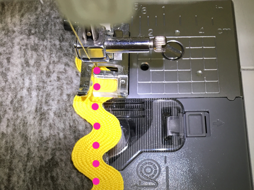 Sewing machine sews down center of ric rac
