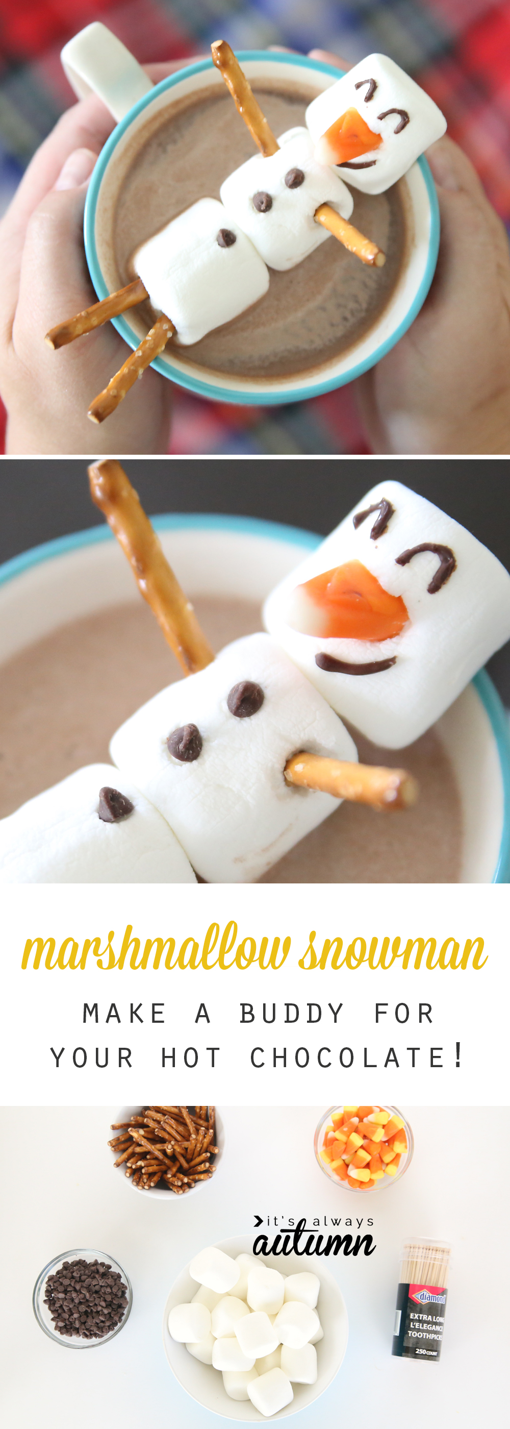 snowman made of marshmallows with pretzel arms sitting in a cup of hot cocoa