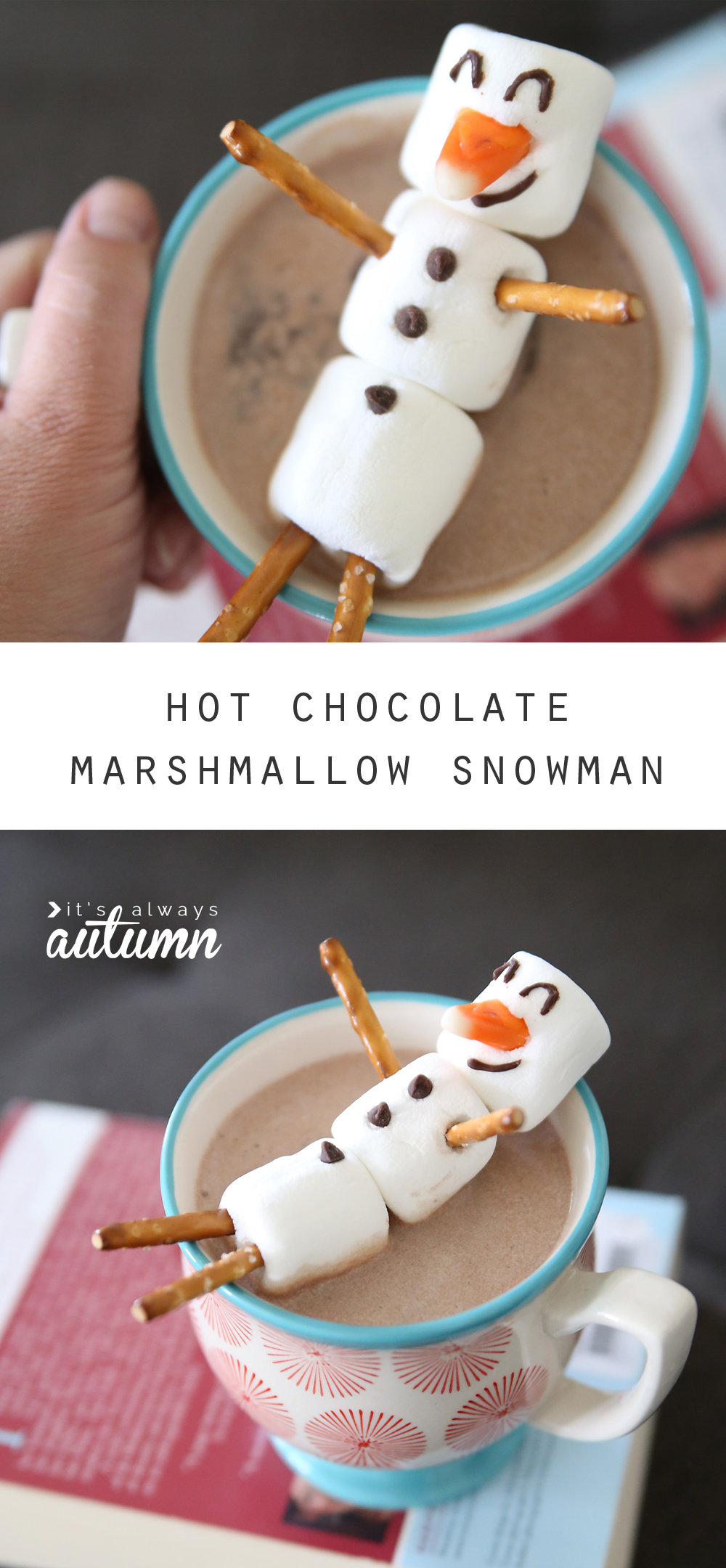 marshmallow snowman in a cup of hot cocoa