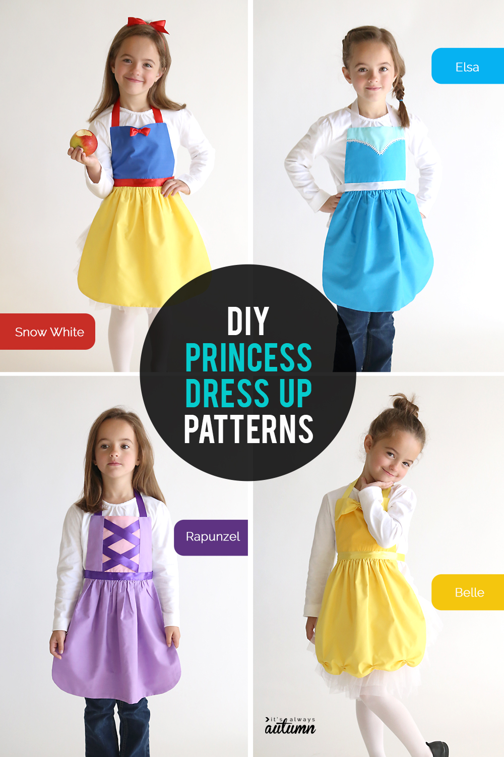 A girl is dressed in DIY princess dress ups: Snow White, Elsa, Rapunzel, Belle