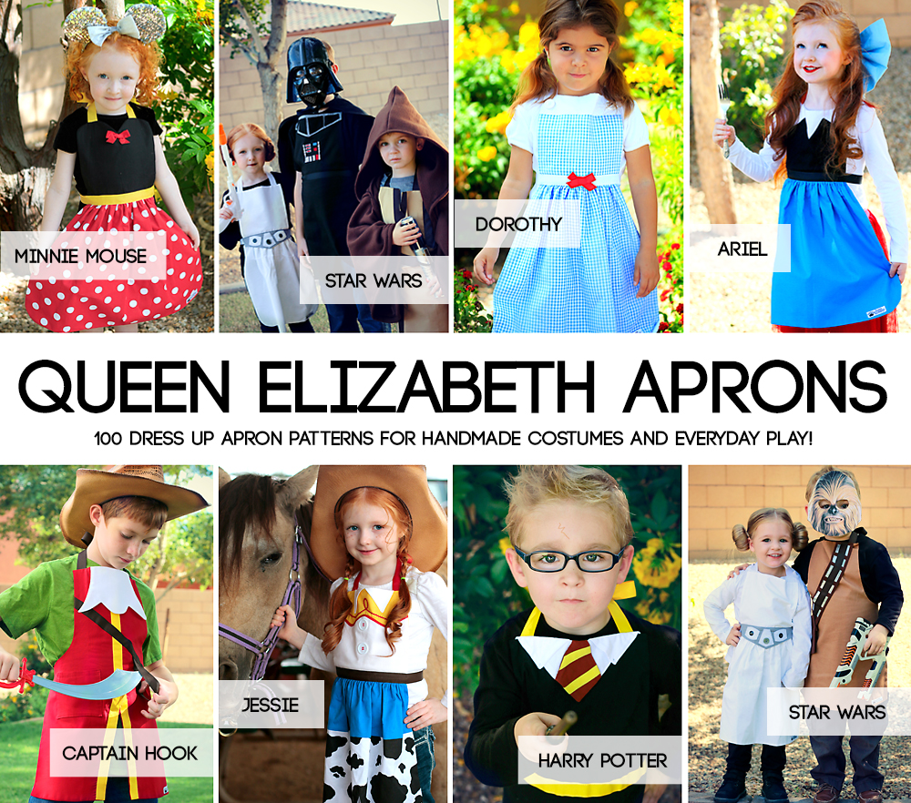 Collage of queen elizabeth dress up aprons