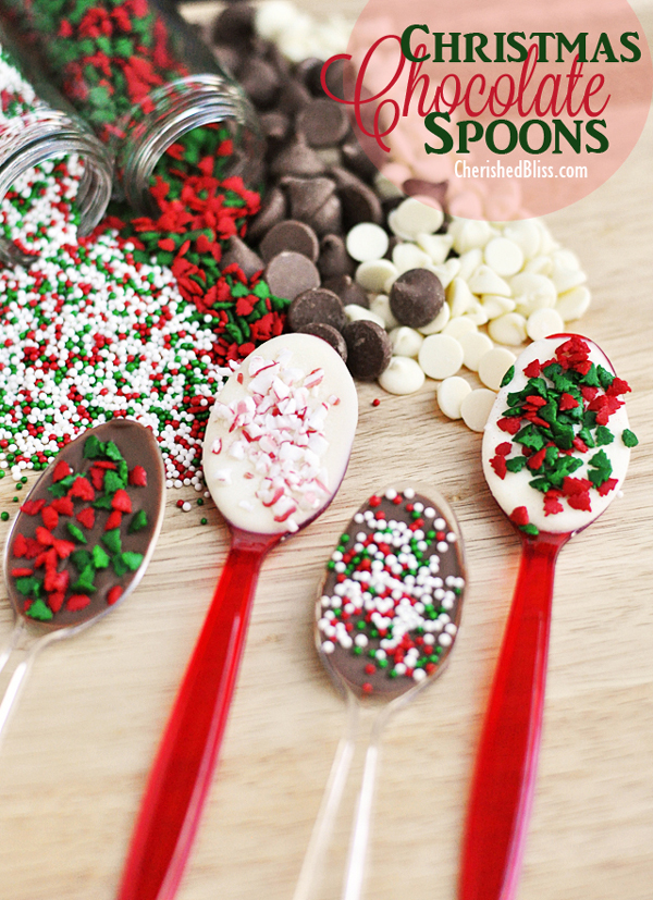 Plastic spoons with chocolate and sprinkles Christmas treats