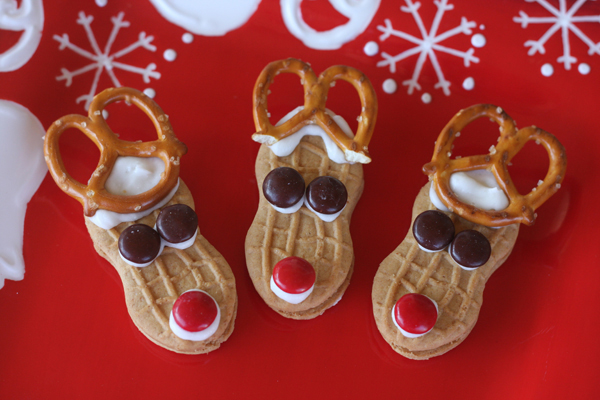 Nutter butter cookies decorated to look like reindeer