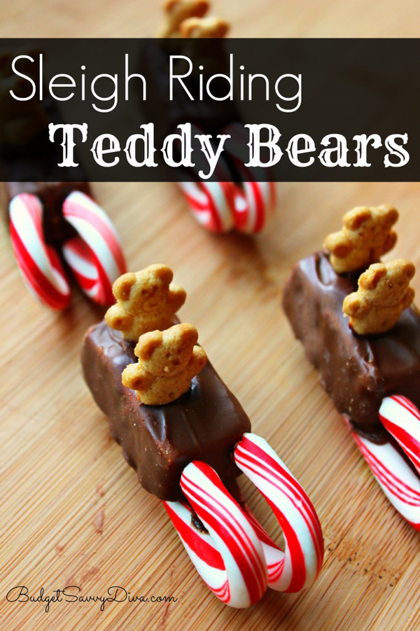 Teddy graham crackers on sleighs made from chocolate bars and candy canes
