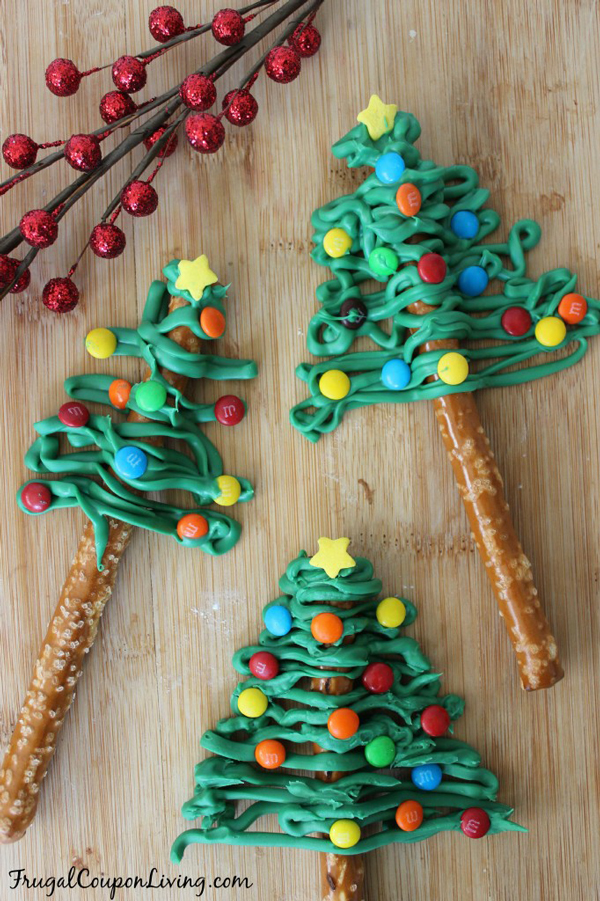 Christmas trees made from pretzel sticks and melted green candy