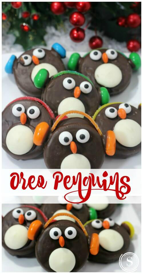 Oreos dipped in chocolate and decorated like penguins
