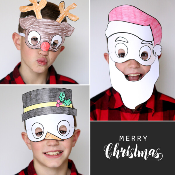 A boy wearing printable Christmas masks for kids