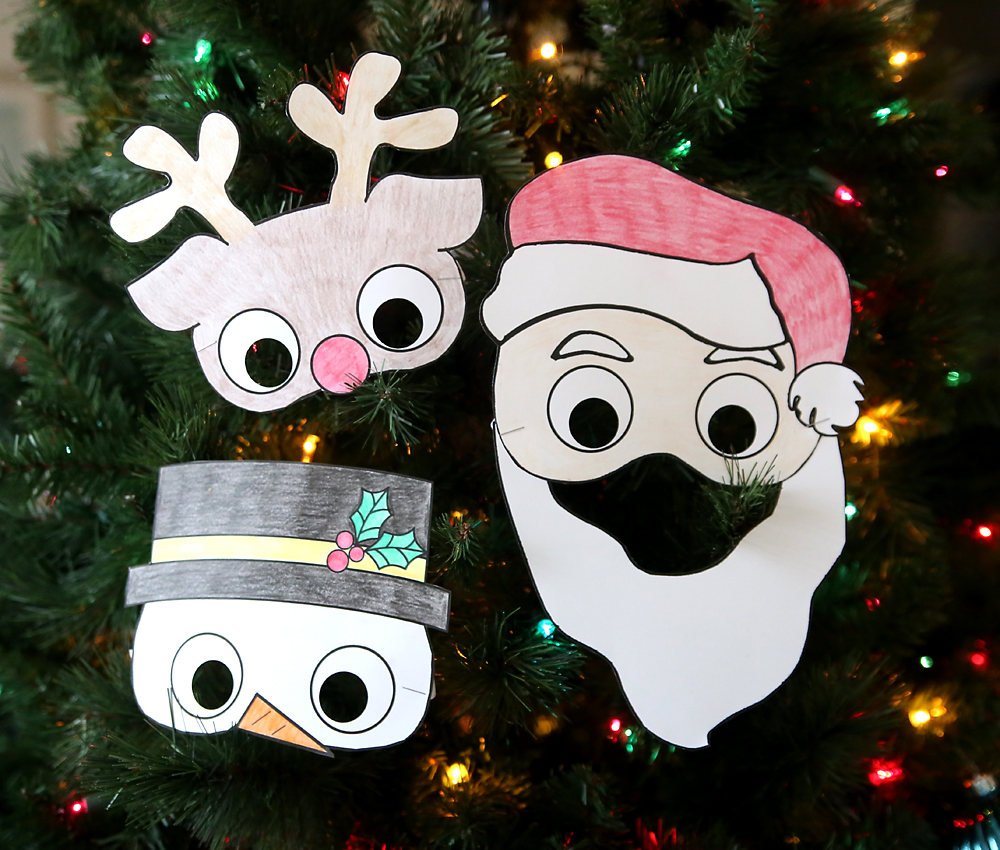 Santa, reindeer and snowman paper masks for kids