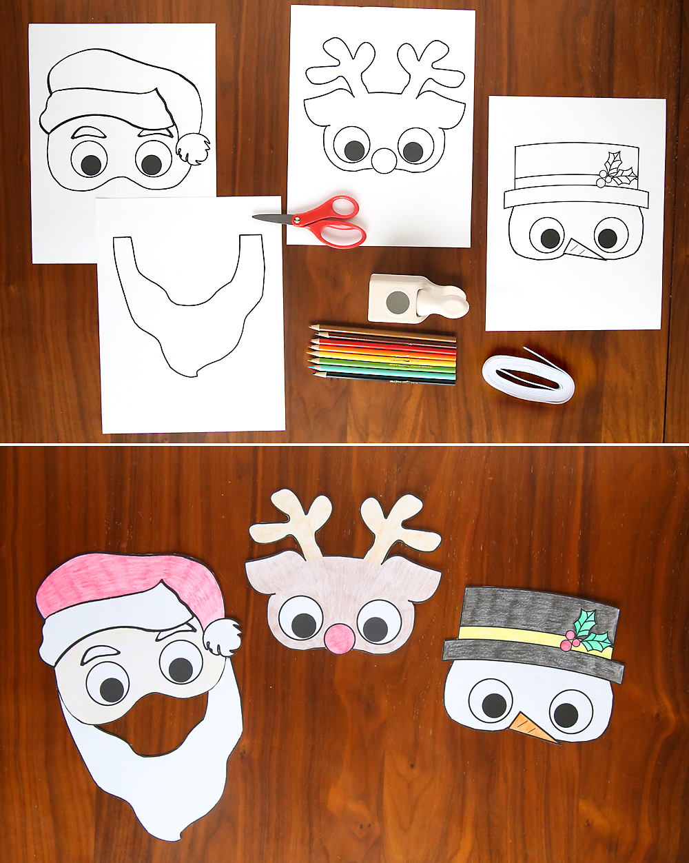 Christmas mask templates; paper Christmas masks colored in and cut out