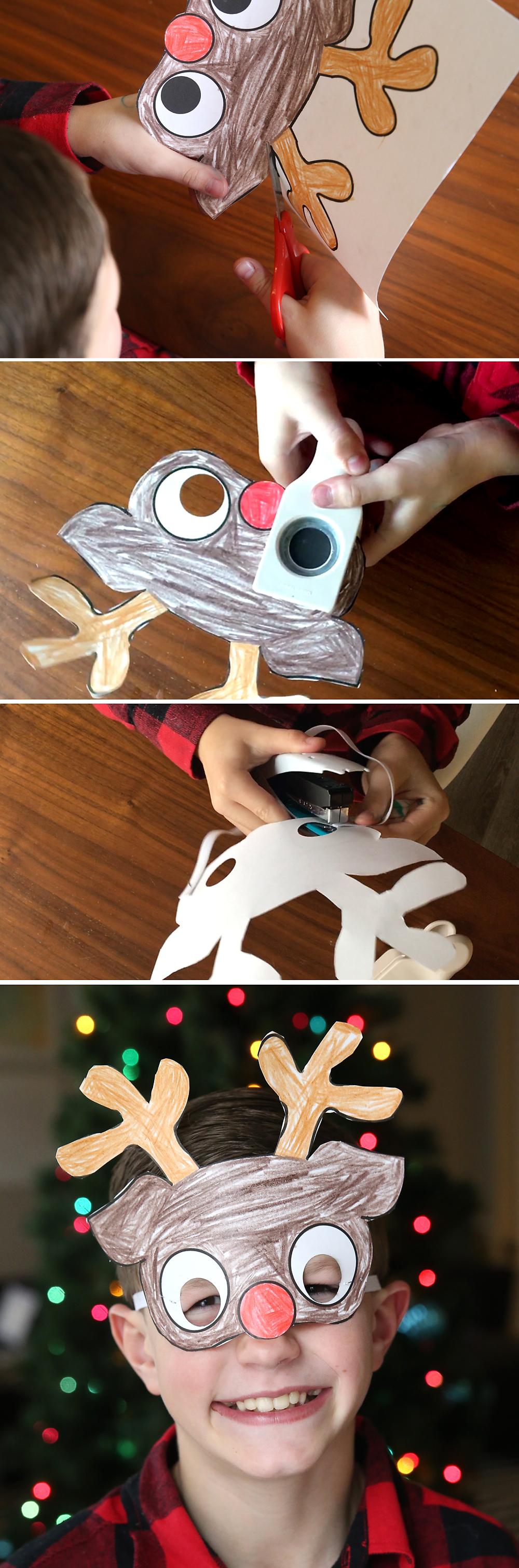 Cutting out reindeer mask, punching out eye holes, stapling on elastic, boy wearing reindeer mask