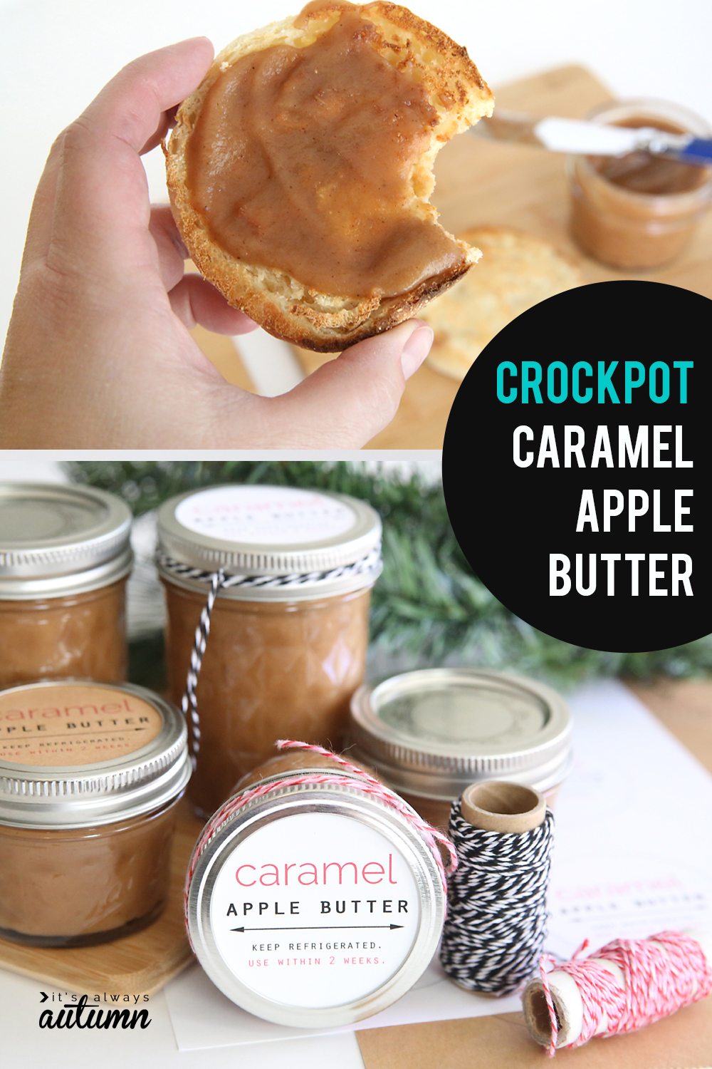 This caramel apple butter is easy to make in the crockpot and is delicious! It makes a beautiful DIY gift.