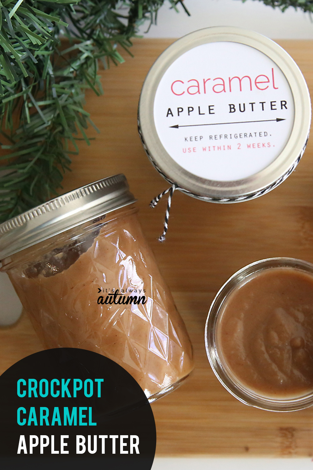 This caramel apple butter is easy to make in the crockpot and is delicious! It makes a beautiful DIY gift.