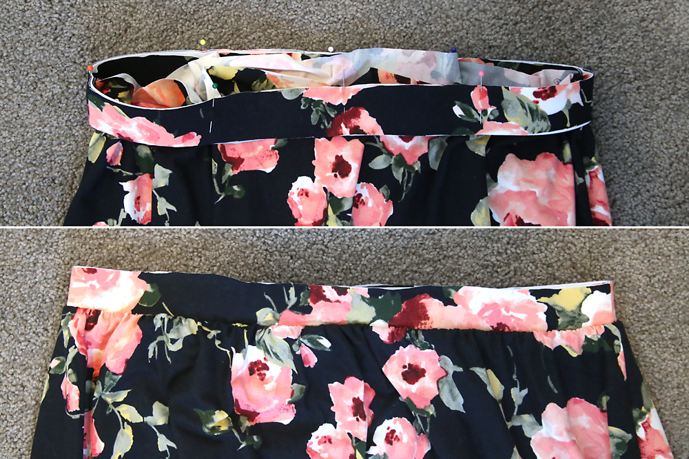 The loop of elastic and waistband placed around the top of the skirt; also shown sewn together