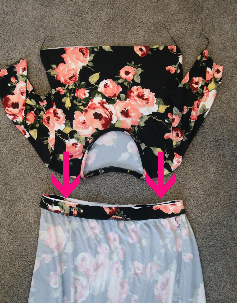 The bodice of the dress upsidedown, with arrows to show it goes inside the skirt which is inside out