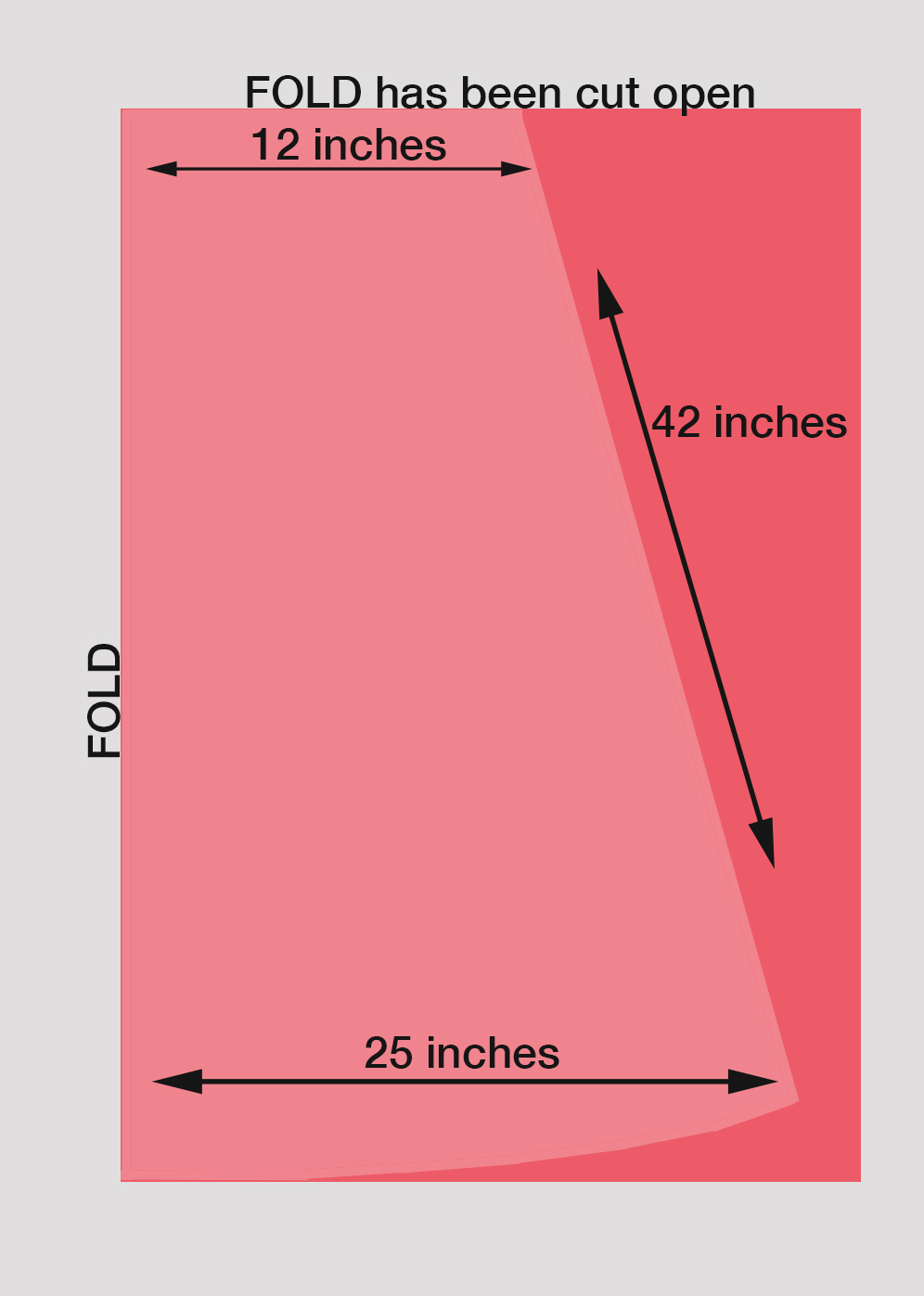 A diagram showing fabric folded in half, cutting a skirt piece that is about 25 inches wide at the bottom