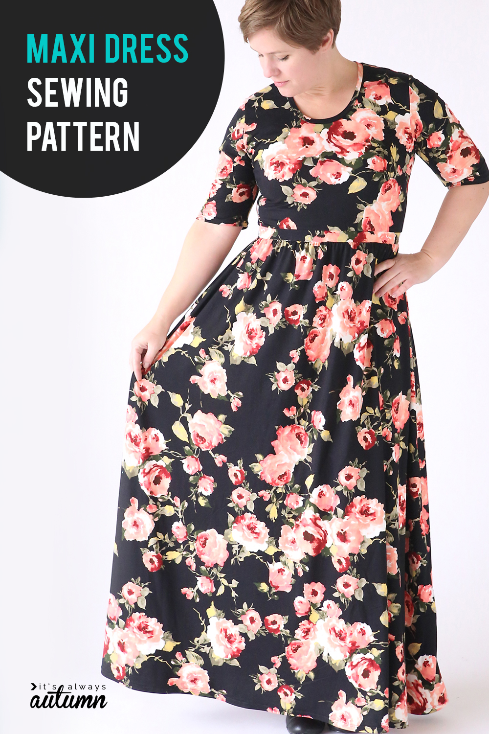Click through to learn how to make this gorgeous maxi dress using a free t-shirt pattern. Maxi dress sewing pattern and tutorial.