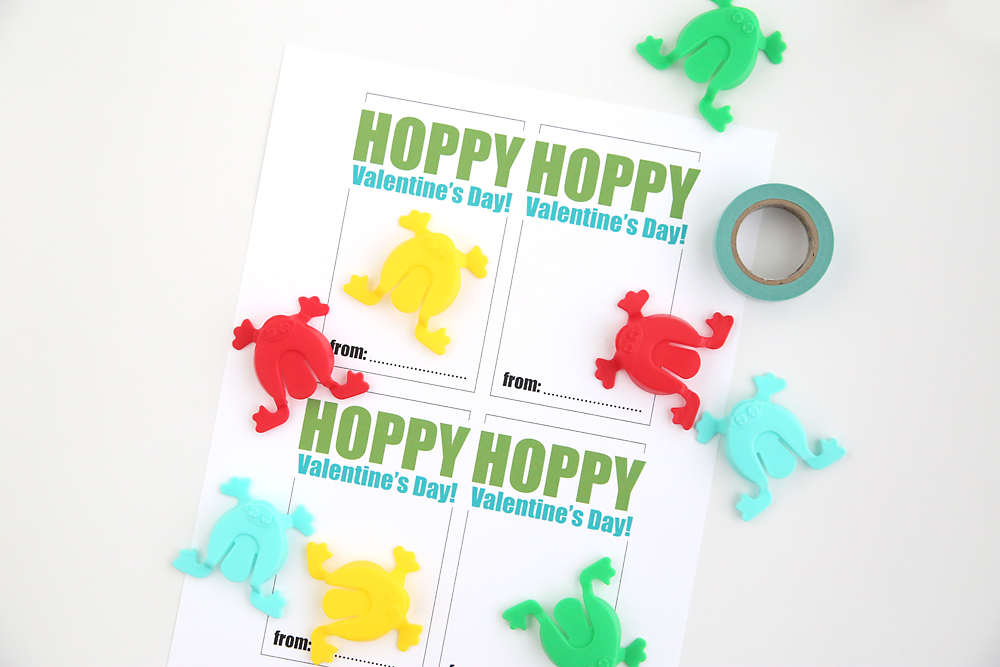 Printable Valentine\'s Day cards that say Hoppy Valentines Day and plastic jumping frog toys