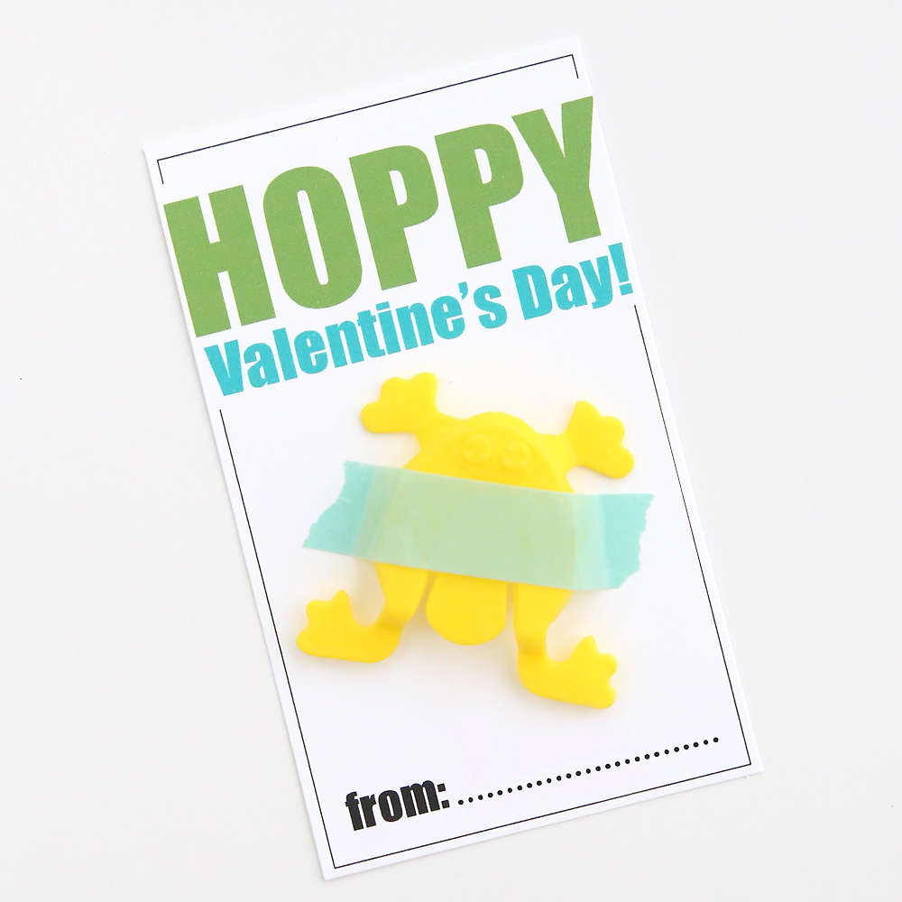 Hoppy Valentine\'s Day card with plastic jumping frog taped on