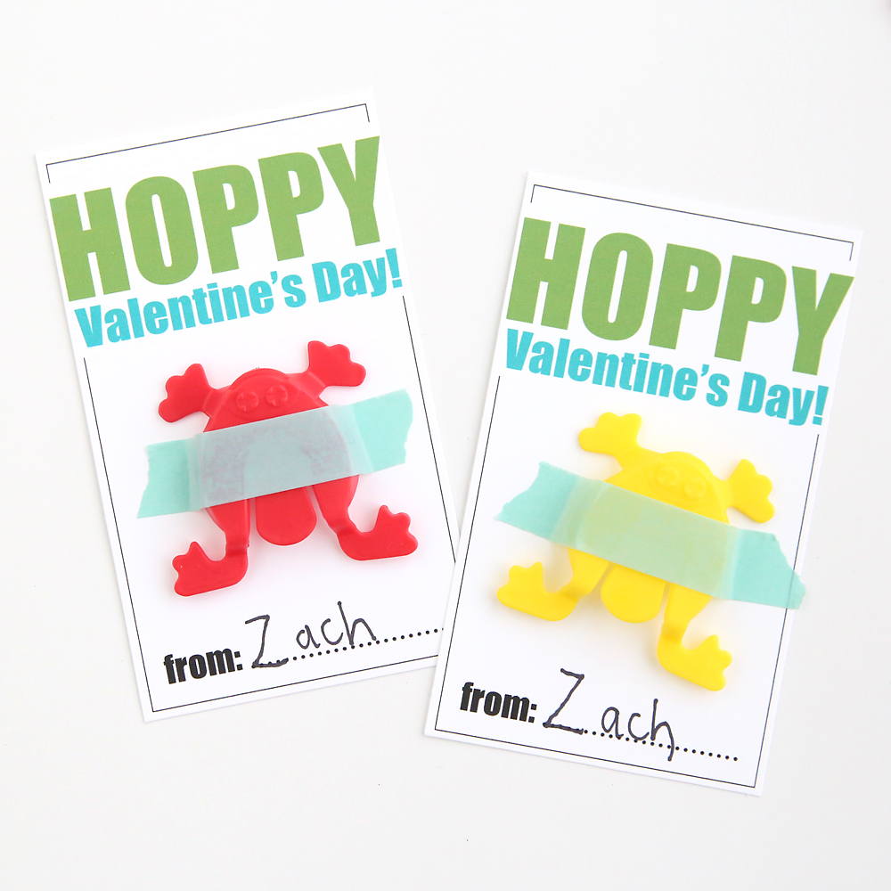 Printable Valentine\'s Day cards that say Hoppy Valentines Day and plastic jumping frog toys