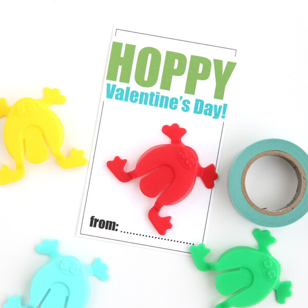 Cute free printable Valentine's Day card with hopping frog toys. Great non candy Valentine idea. Cheap and easy DIY Valentine's Day cards.